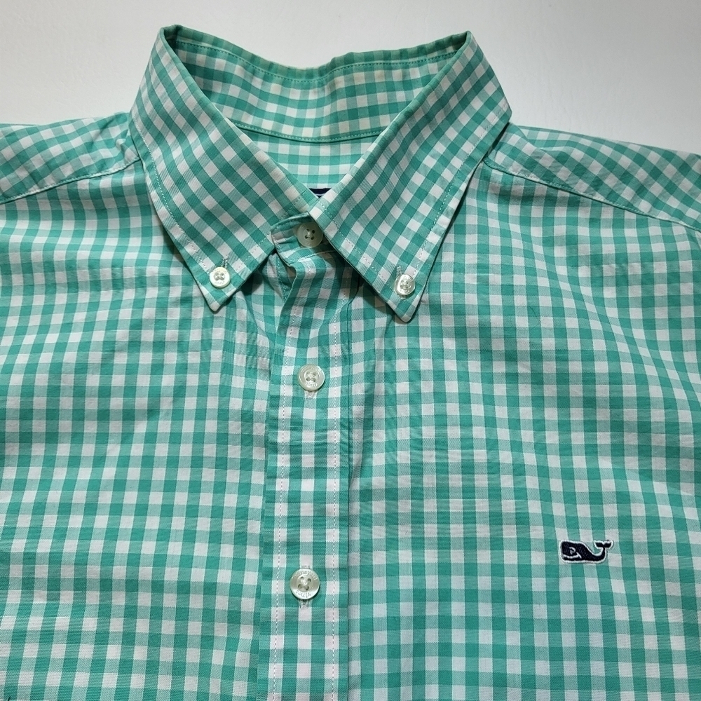 Vineyard Vines Mens Shirt Slim Fit Whale Mint Green White Plaid Long Sleeve Sz L - Picture 4 of 5